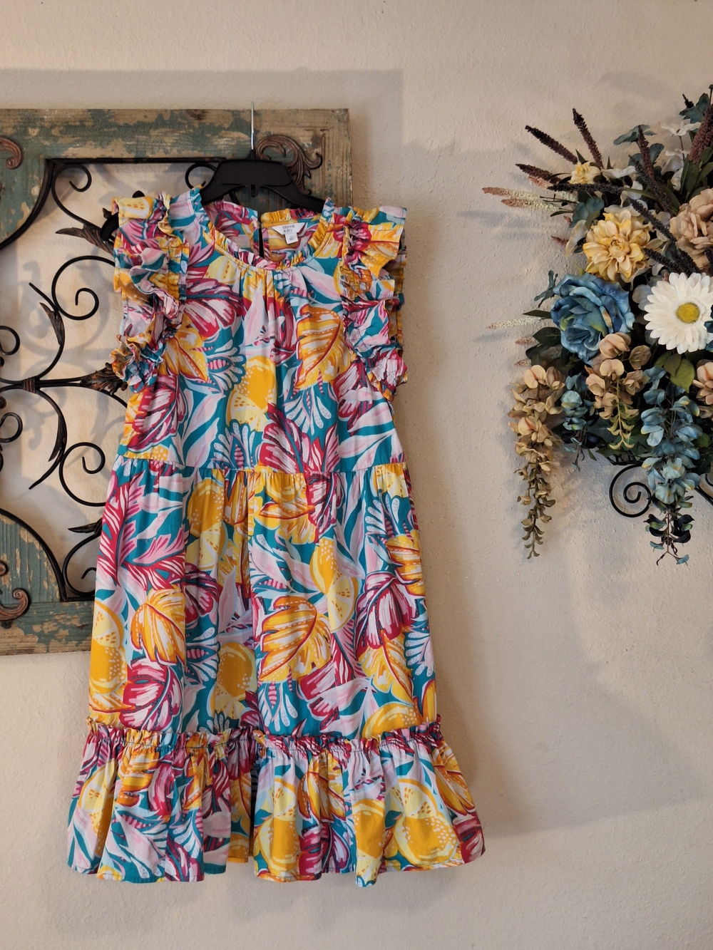 crown & ivy Tropical Print Ruffle Mini Dress - Yellow, Pink & Teal. Size Large
